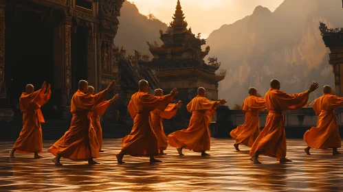 Serene Monks Walking