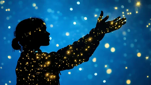 Girl Silhouette with Stars on Blue Background