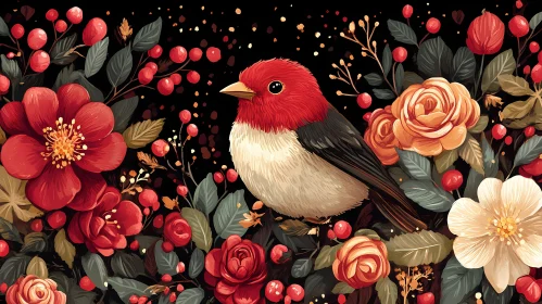 Bird with Red Head in Flower Bed