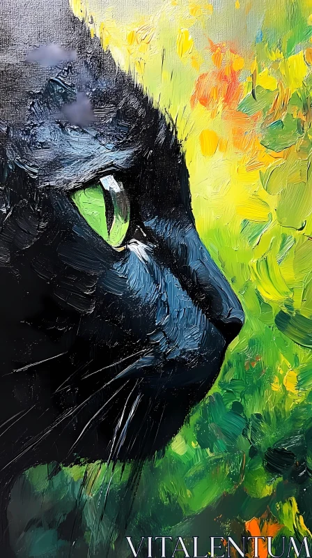 Green-Eyed Cat in Colorful Artwork