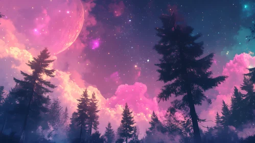Dreamy Forest Night Scene with Pink Moon