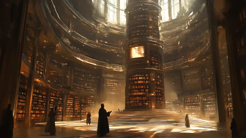 Majestic Library with Central Book Tower