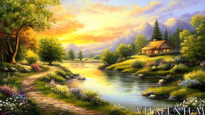 Sunset Over Mountain Cabin Beside River AI Image