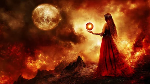 Crimson Sorceress Under Lunar Gaze
