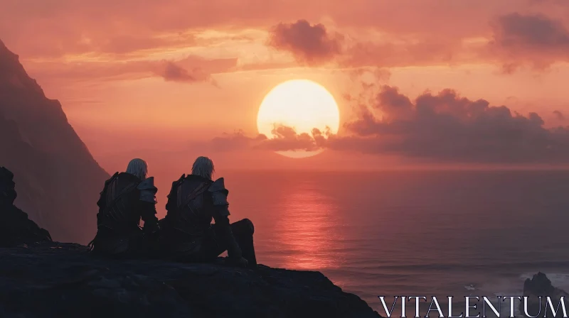 Contemplation at Sunset: Armored Figures on Cliff
