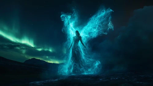 Glowing Angel in Aurora Landscape