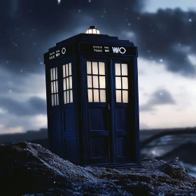 Blue Police Box under Night Sky