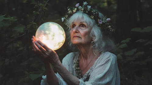 Mystical Woman Holding Light in Forest