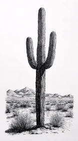 Desert Cactus and Mountains - Monochrome Artwork