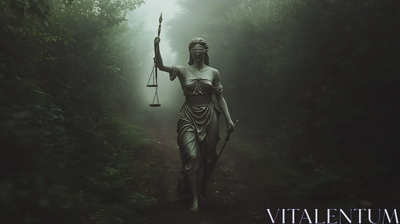 Statue of Justice in a Misty Forest