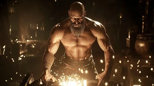 Muscular Blacksmith Forging Metal in Dark Workshop