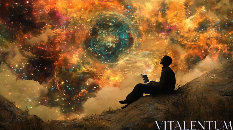 Man with Laptop Watching Galaxy AI Image