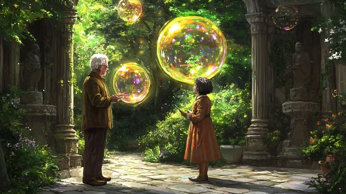 Enchanted Garden Scene with Floating Orbs