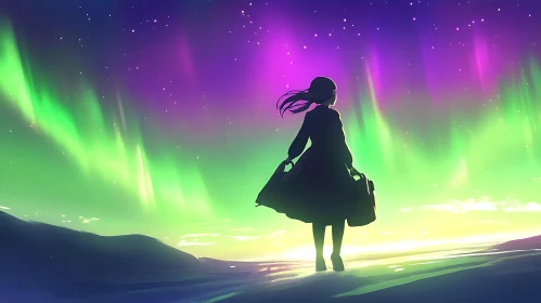 Silhouette Girl and Northern Lights