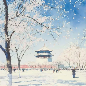 Winter Pagoda Scene with Cherry Blossoms