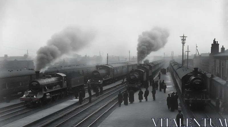 Monochrome Railway Scene with Trains
