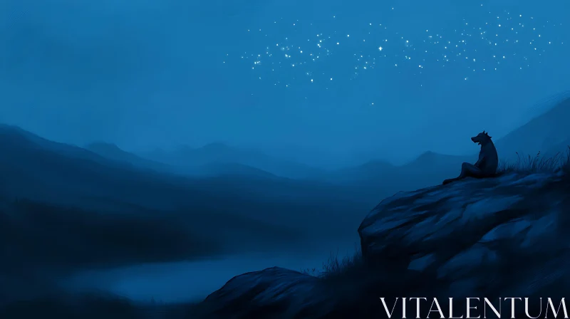 Night Scene with Wolf and Starry Sky