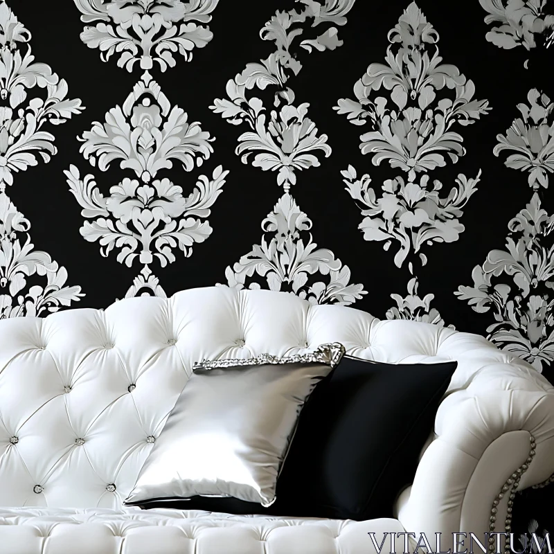 Elegant White Sofa with Monochrome Cushions and Damask Pattern Wall