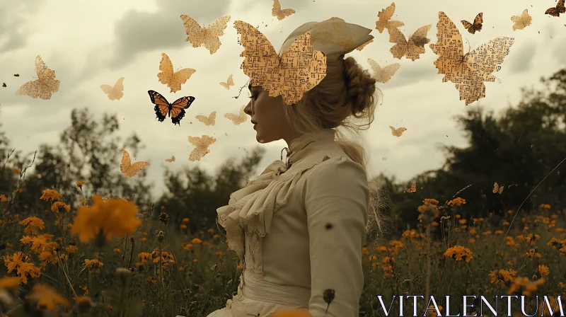 Vintage Lady in Floral Meadow with Butterflies