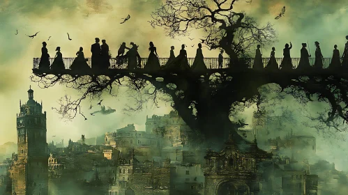 Figures On A Tree Bridge Overlooking City