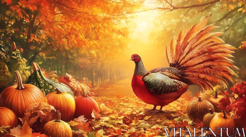 Pheasant and Pumpkins in Autumnal Light AI Image