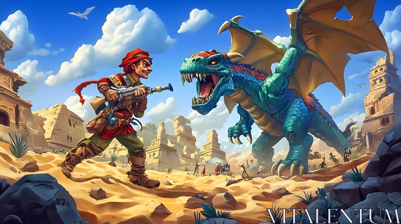 Fantasy Warrior Confronts Dragon in Desert Ruins
