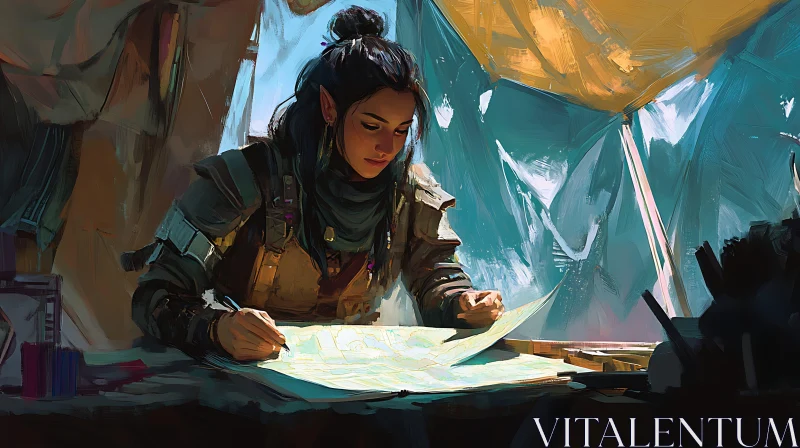 Focused Elf Studies Map Under Tent AI Image