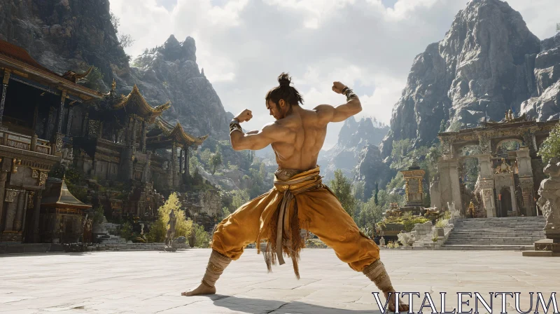 Martial Artist in Mountain Temple Landscape
