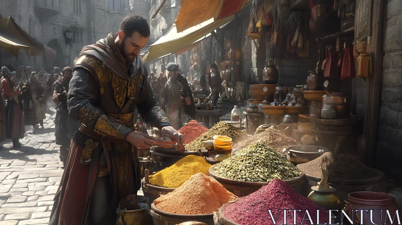 Spice Merchant in a Bustling Medieval Market
