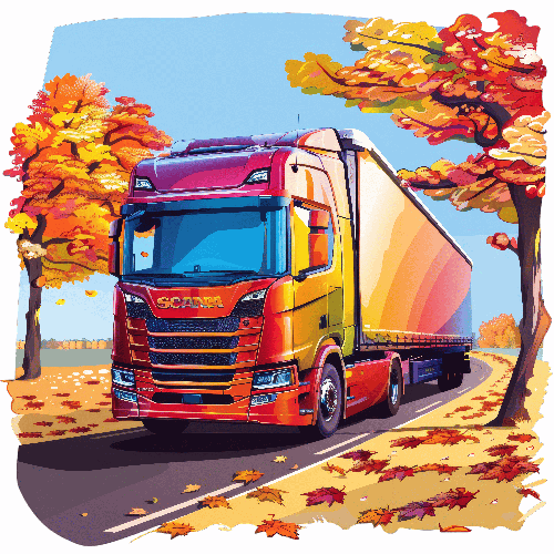 Autumn Journey: Red and Yellow Semi-Truck in Fall Landscape