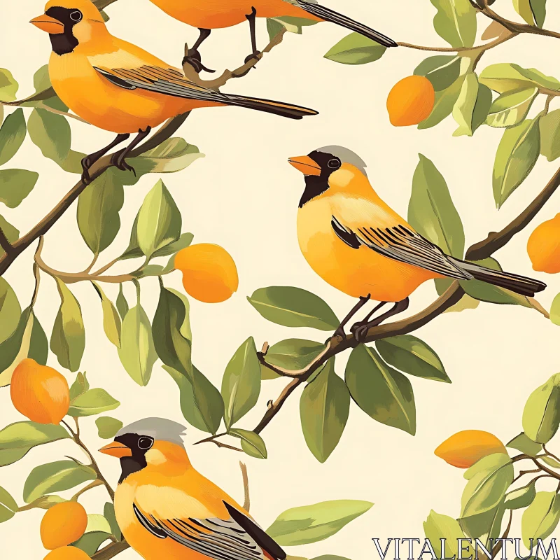 Seamless Bird and Citrus Illustration Design