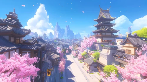 Serene Cityscape with Pink Sakura Trees