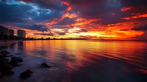Ocean Sunset with City Silhouette