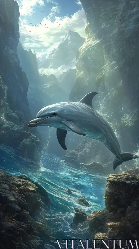 Dolphin Leaping Amidst Cliffs AI Image