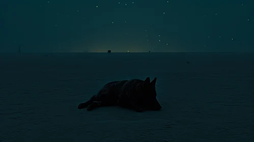 Black Dog Sitting Under the Stars at Night | Minimalistic Landscapes
