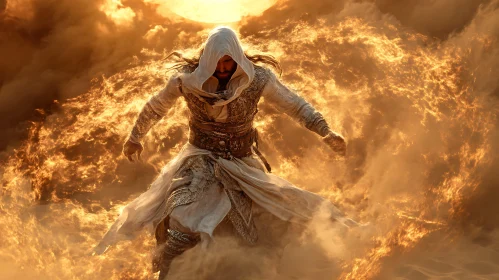 Hooded Warrior in Fiery Desert