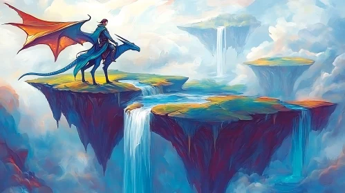 Fantasy Landscape with Dragon and Waterfalls