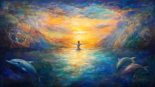 Woman and Dolphins at Sunset Ocean