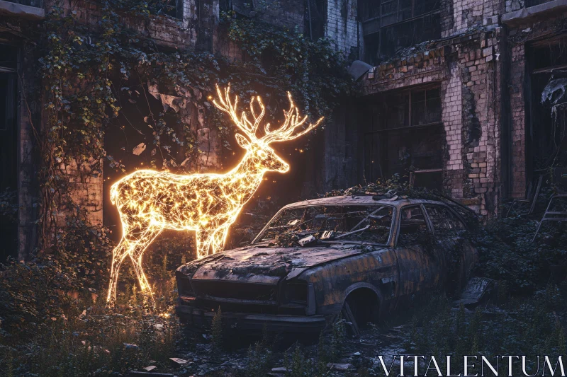Glowing Deer by Overgrown Car Ruins