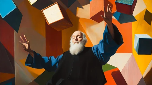 Man Amidst Geometric Shapes Painting
