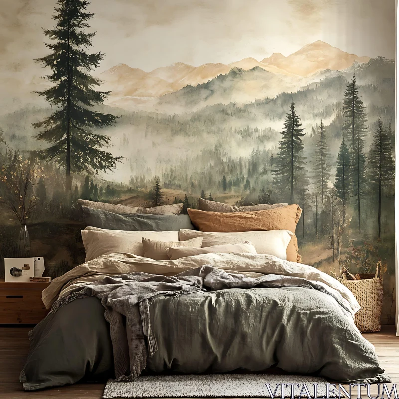 Serene Bedroom with Forest Landscape Wall Art