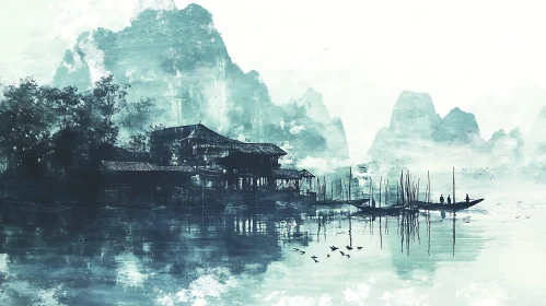 Still Water Mountain Village Scene