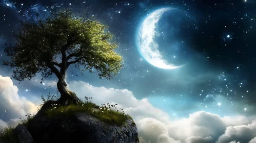 Lone Tree Under Crescent Moon