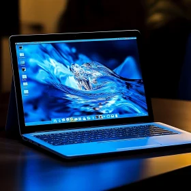 Modern Laptop on Desk with Water-Themed Screen