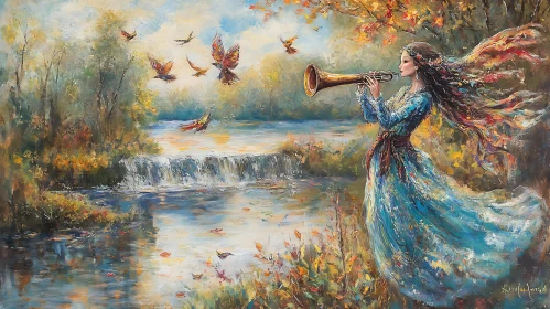 Woman Trumpet River Birds Painting