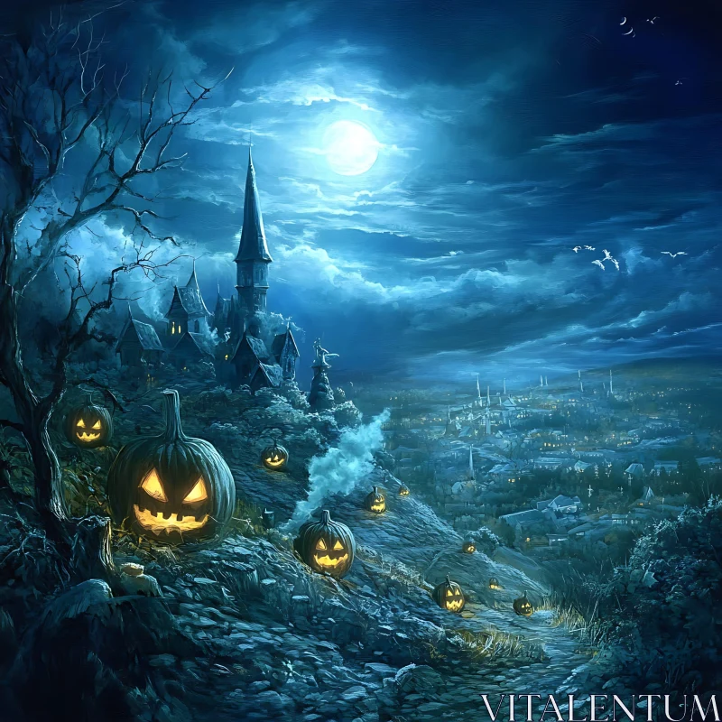 Moonlit Castle with Halloween Pumpkins