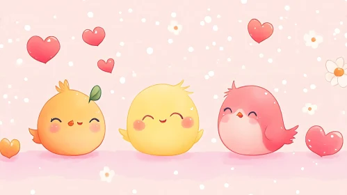 Whimsical Bird Trio with Hearts and Flowers
