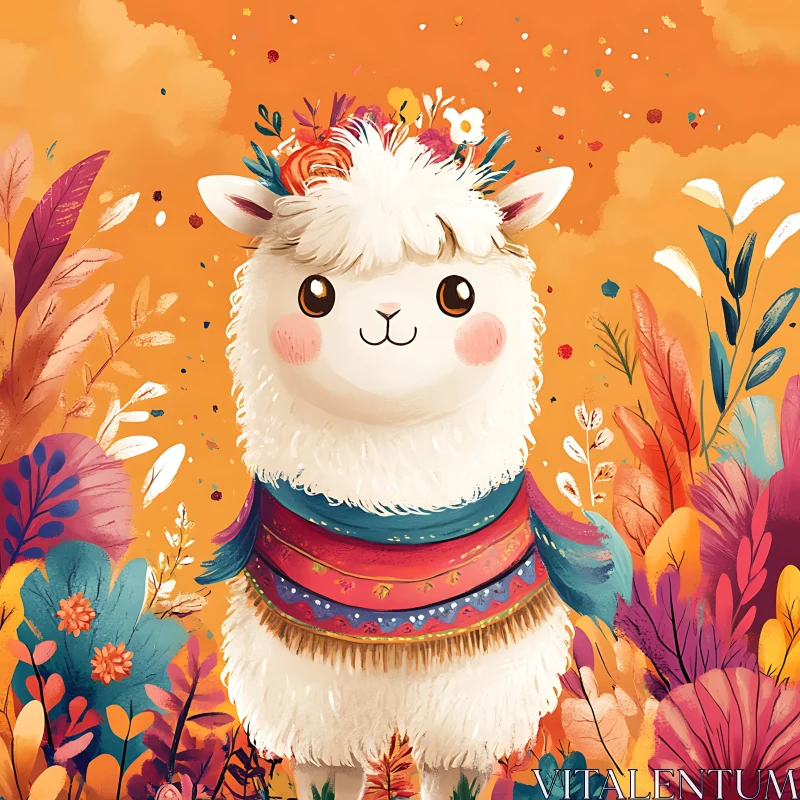 Cute Llama in a Colorful Floral Setting AI Image