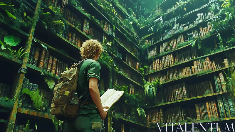 Man Reading in a Green Library