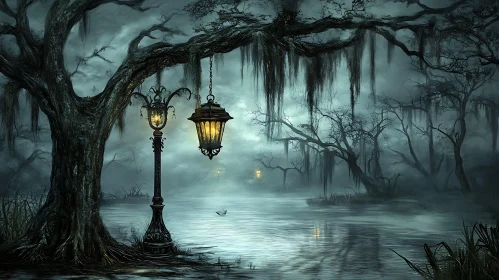 Mystical Swamp with Illuminated Lantern